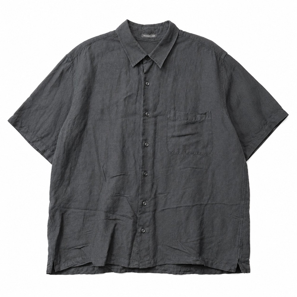 VAN HEUSEN Washable Linen Button-Up Short Sleeve Shirt Sz L Black Lightweight